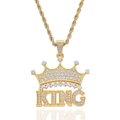 Kawailay Corona King Collar King Signo Colgante Cadena Rock Punk Hip Hop Cadena de Oro Rapper Biker Cool Collar para Hombres Mujeres - Estilo Dorado 1, Diamante de imitación