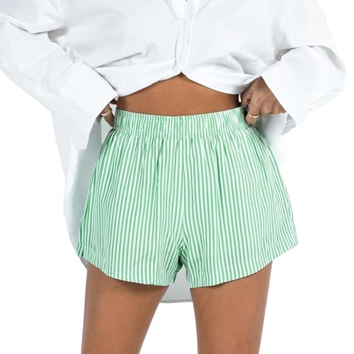 Women Stripe Print Shorts Elastic High Waist Wide Leg Short Pants Lounge Shorts (Green, XL)