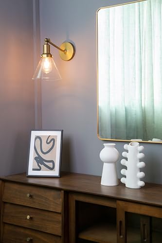 Image of PERMO Industrial Vintage Slope Pole Wall Mount Single Sconce with Funnel Flared Clear Glass Shade Wall Sconce Light Lamp Fixture Hardwired (Antique Gold)
