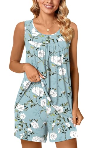 Image of POPYOUNG Pajama Set for Women Summer 2 Piece Lounge Shorts Sets Sleepwear | Womens Pajama Sets Cooling pijamas de mujer for Summer with Pockets Sleeveless Nightwear Outfits Pjs Shorts Set