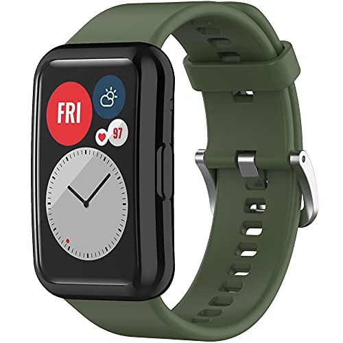 Replacement Band with Case Compatible with Huawei Watch Fit Smartwatch Wristband with Screen Protective Cover Men Women for Watch Fit Bands and Case (Green Band+Black Case)