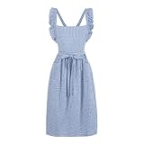 SeedBySea Vintage Classic Gingham Apron for Women with 2 Pockets Cross Back Cotton Blend for Cooking Baking Gardening (LightBlue/Check)