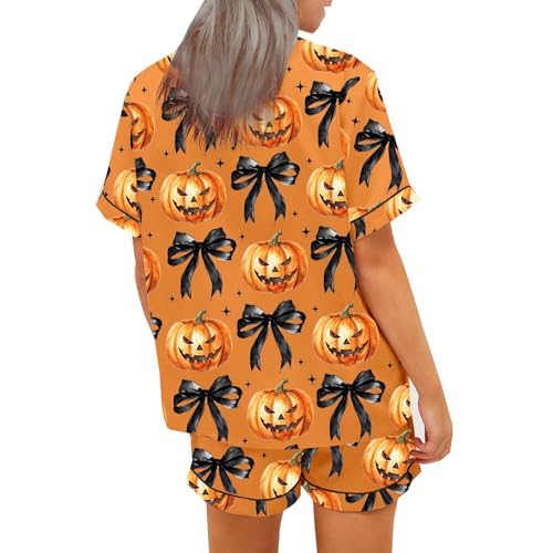 ICNGLKSND Halloween Satin Pajamas Set for Women Cute 2 Piece Graphic Pj Set Button Down Short Sleeve Shirt Shorts Lounge Set2