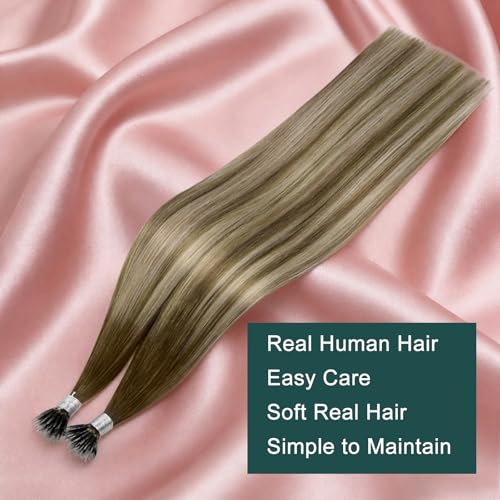 Image of Easyouth Nano Extensions Human Hair, 20 Inch 50G 50S, Ombre Dark Brown to Blonde with Brown, Nano Beads Balayage, Add Length and Volume for Daily, Longer Instantly