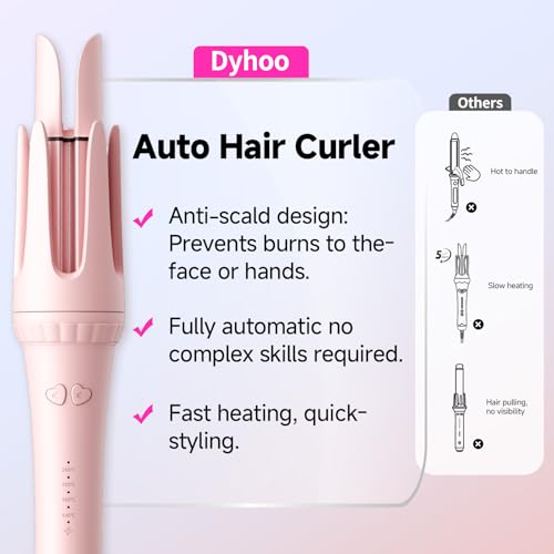 Image of Myhox Auto Curling Iron 1.25 inch, 4 Temp, Rotating Hair Curler for Beach Waves, Ceramic Curling Wand with Anti-Scald & Anti-Tangle for Long Hair, Dual Voltage, Pink