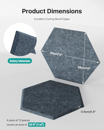 Image of Soundsbay Hexagon Acoustic Panels, Self-Adhesive 18 Pack Sound Panels | 150kg /m High-Density Polyester, Covers 15 sq ft Soundproof Wall Panels for Walls, Office, Ceiling 12 inch X 10 inch Dark Gray