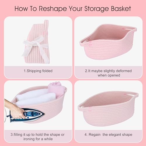 Image of Baby Gifts Basket Empty with Gifts Bag and Ribbon12 inchx8 inchx5 inch Gift Baskets to Fill Easter Baskets Birthday Baskets Small Woven Cotton Rope Basket Baby Toy Baske(pink, regular)