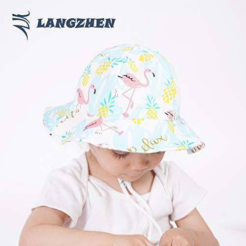 Image of LANGZHEN Sun Protection Hat for Kids Toddler Boys Girls Wide Brim Summer Play Hat Cotton Baby Bucket Hat with Chin Strap