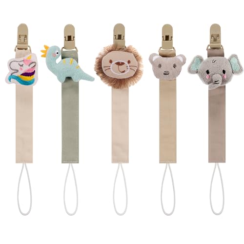 Image of Baby's Breath 5 Pack Animal Pacifier Clips with Adjustable Strap (14.5-18.3 in) – Cute Unicorn Lion Elephant Dinosaur Koala Design, Soft Textile Baby Holder Set for Boys Girls, Neutral Colors