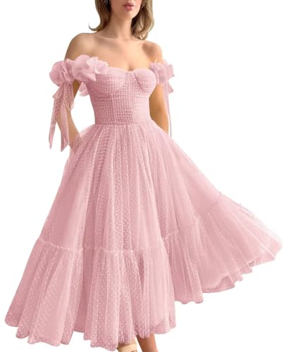 Thinyfull Off Shoulder Tulle A-Line Prom Dress Pink for Women Sweetheart Neck Tea Length Puffy Dotted Formal Evening Party Gown Side Pockets US2
