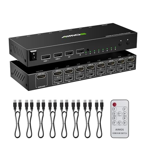 Image of 8 Port KVM Switch HDMI 4K@30Hz, USB2.0 HDMI KVM Switch for 8 Computers Share 1 Monitor Keyboard Mouse Printer, Support Hotkey Switch, with Remote Control and 8 USB Cables