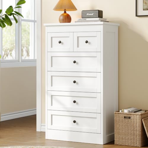 wanan Tall 6 Drawer Dresser for Bedroom White Modern 43.3 Tall Wood Chest of Drawers Storage Organizer with Smooth Metal Rails & Anti-Tip Kit for Closet Hallway Living Room