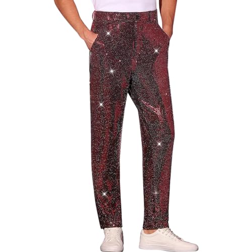70s Sequin Mens Trousers, Mens Sparkly Trousers, Glitter Straight Leg Dress Pants, Button Fly Belt Loop Waist Stage Pants for Nightclub Performance, D
