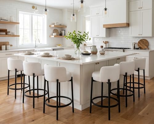 Image of CIMOTA Bar Stools Set of 6, PU Leather Counter Height Barstools with Low Back and Black Thickened Metal Legs, 26 Inch Modern Island Chairs for Kitchen Island, Bar(White, 6Pcs 26 inch Counter Stools)