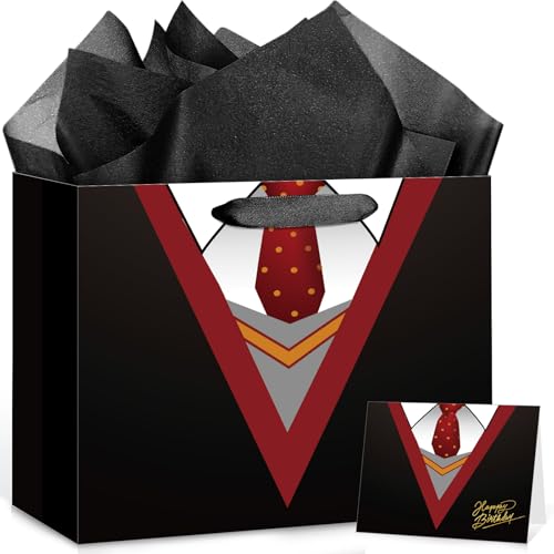 Large Wizard School Gift Bag with Wrapping Paper and Card Magical Wizard Birthday Bag with Handles Tie Necktie Birthday Baby Shower Paper Bags for Girls Boys Halloween Party Supplies Decorations