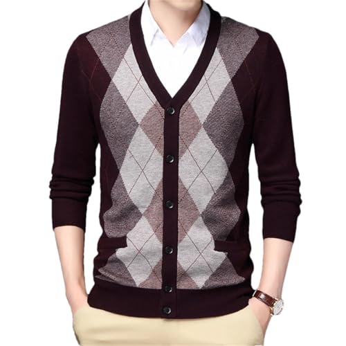 Men Sweater Cardigan Buttons Down Argyle Contrast Pattern Retro Vintage Knit Thick for V Neck Sweater