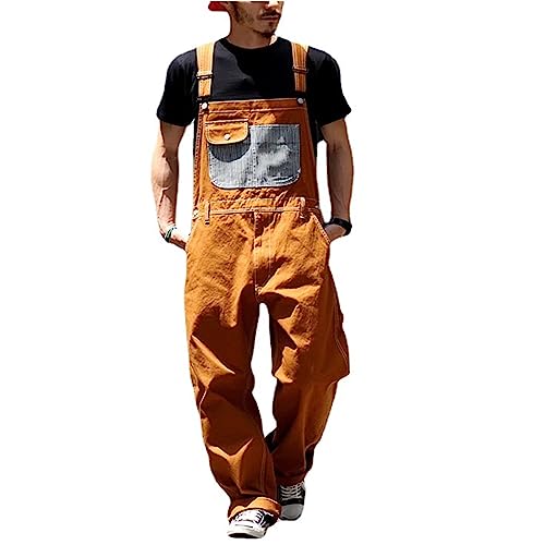 Men's Denim Bib Overalls Vintage Contrast Baggy Distressed Work Dungarees Sloppy Coveralls with Big Tool Pockets