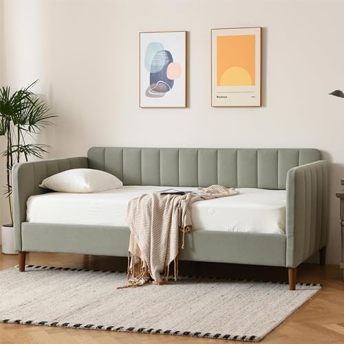 YUHUASHI Twin Size Upholstered Daybed with Wood Slat Support, Daybed Frame for Living Room, Bedroom, Guest Room, No Box Spring Needed (Light Green, Twin)