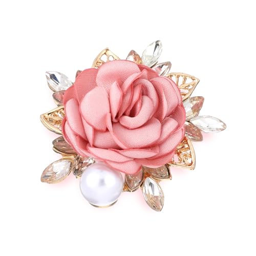 Image of Brooches for Women, Flower Brooch for Women Men Wedding Party Gentleman's Handmade Crystal Pearl Fabric Flower Lapel Pink Pin Dress Boutonniere Ideas Suit Accessories
