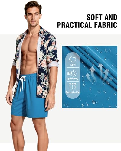 Image of Mens Swim Trunks with Compression Liner 2 in 1 Quick Dry Swimming Shorts Swimwear Bathing Suits with Pockets, 7 Inch-Pure Blue,L