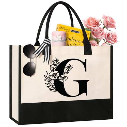 Image of Tecanne Personalized Initial Canvas Tote Bag, Suitable for Birthday, Wedding, Beach, Holiday, Gifts for Women, Mom, Teachers, Nurses, Best Friends, Bridesmaids (G)