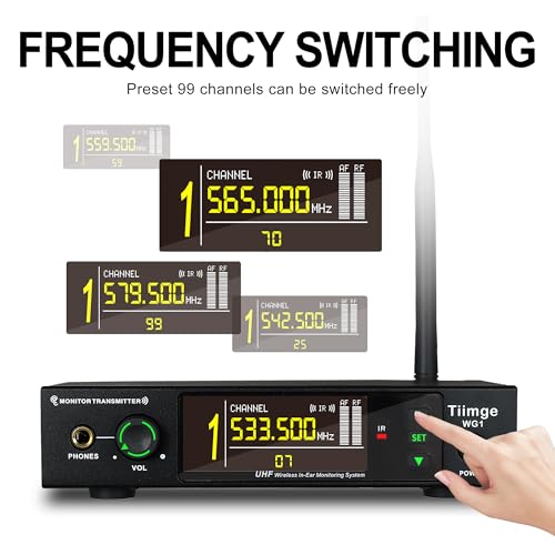 Image of UHF Wireless in-Ear Monitor System - 99 Frequencies Mono IEMs for Musicians,164ft Stable Transmission Range,Ideal for Stage Performance,Bands,Studio Recording,Lectures & Speeches (2 Bodypacks)