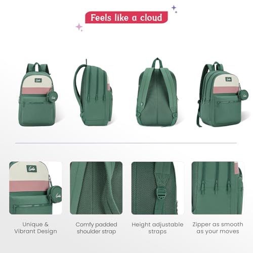 Image of Genie Essence Casual Backpack For Girls |18 In-27Ltr with Laptop Sleeve, Rain Cover and Three Compartments with Padded Shoulders |Best for Books,Stationery,Lunch Box & Essentials - Green