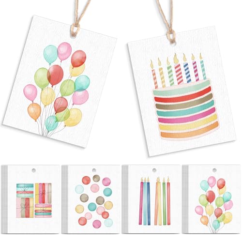 Dunzoom 50 Pcs Colorful Birthday Gift Tags with String Watercolor Birthday Candles Balloon Gift Paper Tags Blank Hanging Present Labels for Parents Party Decor (Classic)
