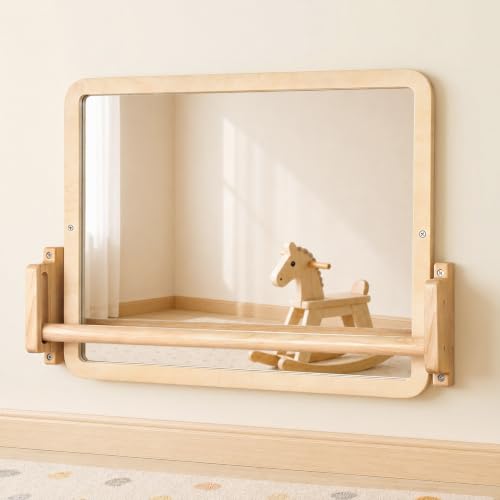 Montessori Spiegel mit Stange Höhenverstellbarer Baby Spiegel aus Holz für Aufrichten & Laufen lernen Sicherer Wandspiegel mit Anti-Dreh-Stange für Kleinkinder 618 Monate Frühförderung & Selbstw