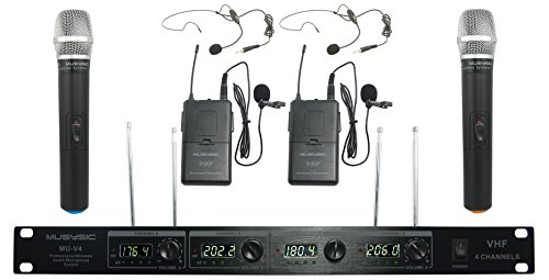4-Channel Professional Vhf Handheld & Lapel/Lavalier Headset Wireless Microphone System #TOP24