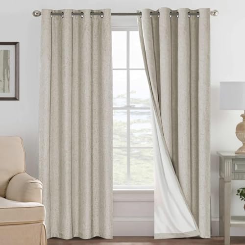 Image of H.VERSAILTEX Linen Curtains 100% Blackout Curtains for Bedroom 90 inch Long Full Light Blocking Nature Linen Blended Window Curtains for Living Room Nickel Grommet (2 Panels, Cobblestone)