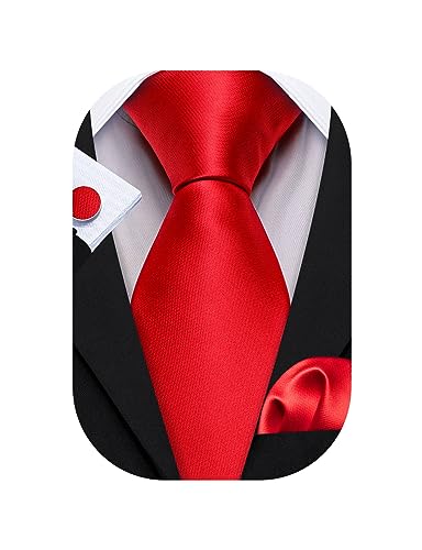 Barry.Wang Plain Men Silk Ties Extra Long Stain Necktie for Wedding Business Handkerchief Cufflinks Set Solid Colors