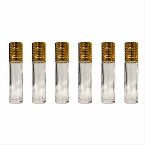 Image of by Riza Fragrance 6ml Refillable Roll-On Attar Bottle | Leakproof Clear Glass Empty Bottle with Plastic Roller & Golden Cap for Perfumes, Essential Oils, Lip Balm, etc. (6 pcs)