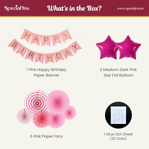 Image of SpecialYou Birthday Decoration Kit for Girls with Pink Paper Fans, Star Foil Balloons & Happy Birthday Banner, Decor for Her, Decor for Kids -10 pcs