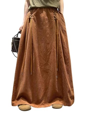 ebossy Womens Vintage Corduroy Long Skirt Elastic High Waist Tie Up A-Line Flared Pleated Maxi Skirt with Pockets