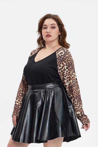 Image of TIYOMI Plus Size Tops for Women Raglan Long Sleeve V Neck T Shirts Casual Color Block Leopard /Floral Tops Winter Tee Shirt