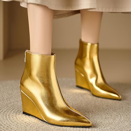 Women's Wedges Heel Pointed Toe Metallic Ankle Boots Sexy Vintage Back Zipper Booties3