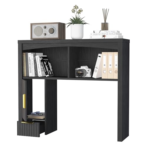 Image of Desk Hutch Shelf, Desktop Shelf Organizer 37 inch Wide Desktop | Bookshelf 2-Tier Wood Hutch Bookcase Organizer with Drawer Dorm Table Shelves Desk Shelf Office Bookshelf with Storage-Black
