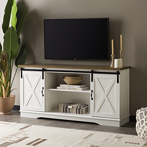 Walker Edison Richmond Modern Farmhouse Sliding Barn Door Tv Stand For Tvs Up To 65 Inches, 58 Inch, White And Rustic Oak #TOP2