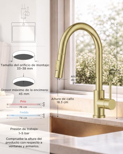 Miniatura 2 de Forious Grifo Cocina Extraible, Grifo De Cocina Fregadero Con 2 Modos Giratorio A 360 , Torneira Cozinha, Agua Frío Y Calor Disponibles, Oro Cepillado