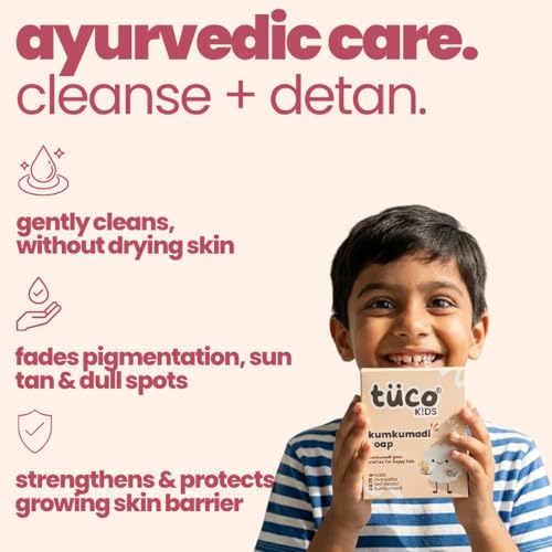 Image of Tuco Kids Kumkumadi Soap Pack of 2x75g Each | Ayurvedic Bathing Bar with Manjistha, Red Sandalwood & Haldi | Dermatologically Tested | Paraben, SLS & Phthalate Free | Kids Soap | 3-12 Years