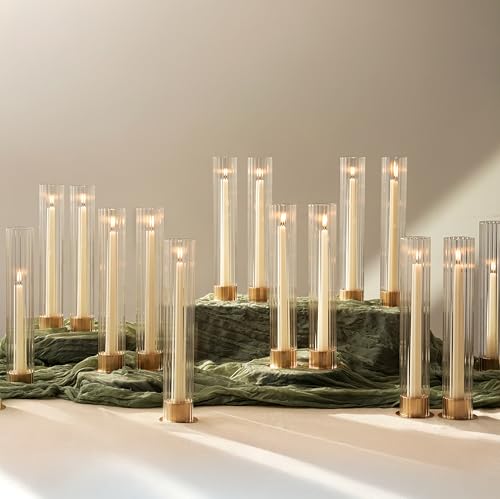 NUPTIO Hurricane Glass Candle Holders Set of 18 Gold Taper Candle Holders