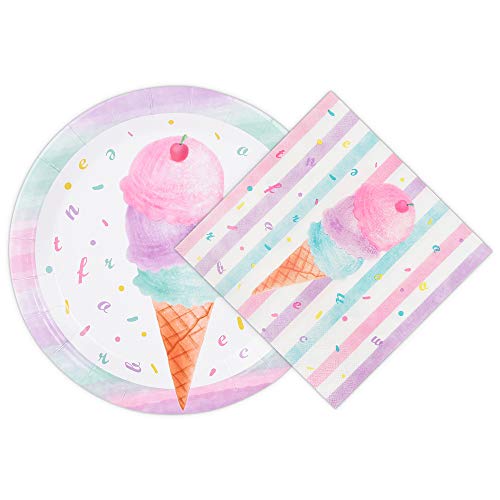 WERNNSAI Ice Cream Party Plates and Napkins - Serves 50 Guests 100 PCS Pink Sweet Ice Cream Themed Party Supplies for Girls Birthday Baby Shower Pool Summer Celebration Dinner Picnic Party Tableware