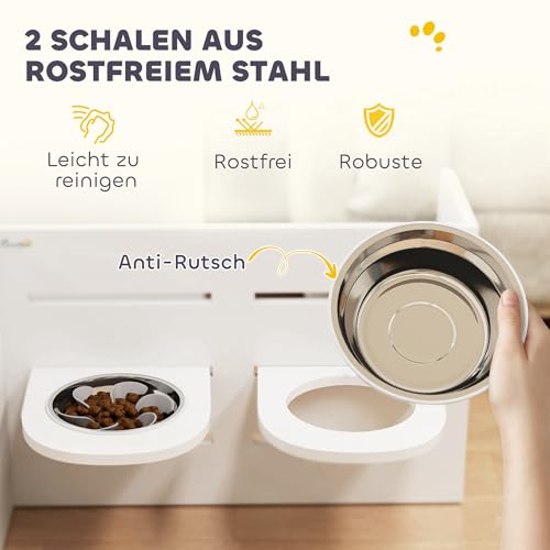 PawHut Erhöhter Hundenapf Höhenverstellbar Futternapf mit Ständer Anti-Schling-Matte 2 x 1000ml Langsamfutternapf verstellbar Fressnapf Futterstation Hundenäpfe für Mittlere Hunde Katzen Weiß