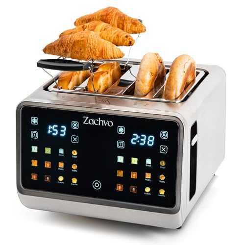 ZACHVO Toaster 4 Scheiben mit Touchscreen & Countdown – Edelstahl Langschlitztoaster mit 2 unabhängigen Temperaturzonen, 3,7 cm breiten Schlitzen, Brötchenaufsatz & Sandwichhalter, 6 Programme