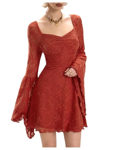 Image of WDIRARA Women's Floral Jacquard Gothic Bell Long Sleeve Dress | Mesh , A Line, Vintage