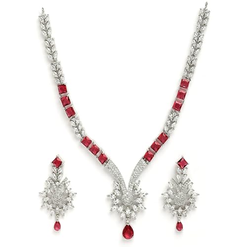 Image of ZENEME Rhodium Plated Brass Silver Toned Floral & Tear Drop Blue Crystal American Diamond Necklace With Earring Jewellery Set For Women