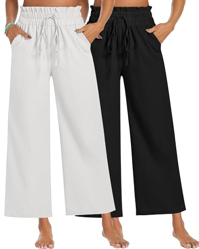 Riyiper 2 Pcs Women's Wide Leg Pants, Casual Linen High Waisted Cropped Trousers with Pockets Drawstring Loose Palazzo Pants (Black, White,Small)