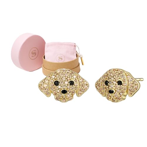 SCAMPER & CO Dog Breed Cubic Zirconia Puppy Design Stud Earrings for Women - Genuine Gemstone Sterling Silver Earrings, Premium Real 18K Yellow Gold or Gunmetal Plating Jewelry Gift for Dog Lovers