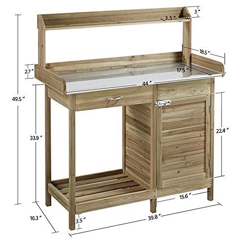 Image of Yaheetech Potting Bench Outdoor Potting Table with Storage,Light Green | Outdoor potting bench with spacious metal tabletop keeps soil and water contained while providing a durable work surface for